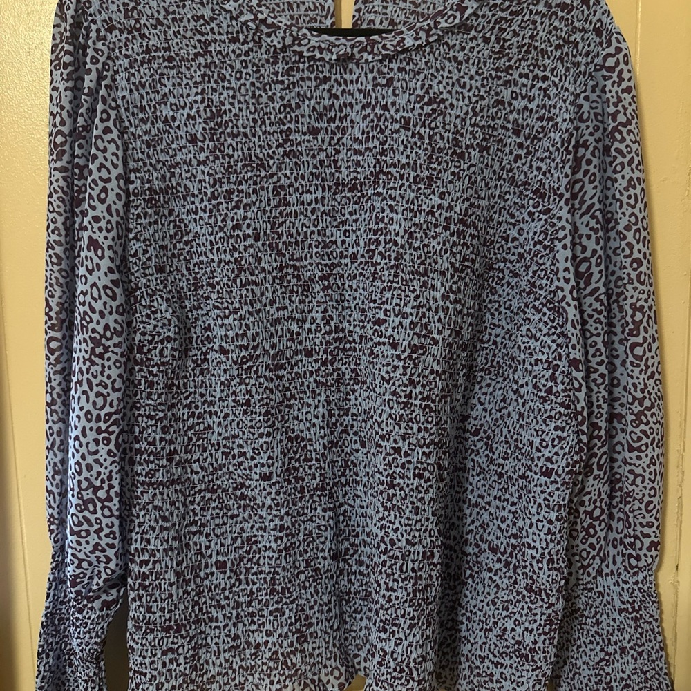 Terra & Sky Leopard Print Long Sleeve Blouse Shirred